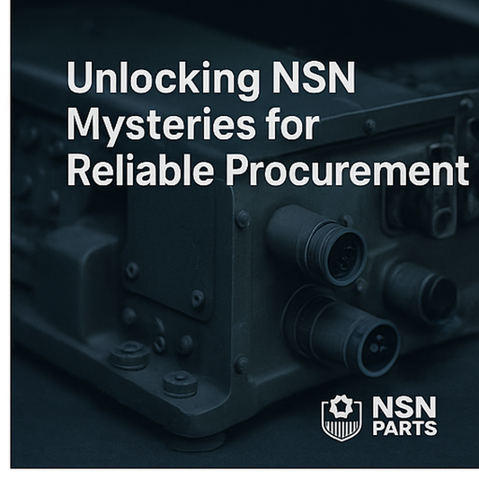 Military components labeled with NSN numbers for global inventory management.