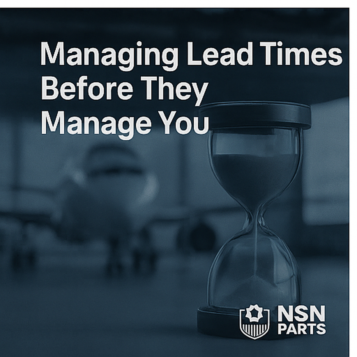 Image illustrating effective NSN supply chain management with an hourglass and airplane in the background