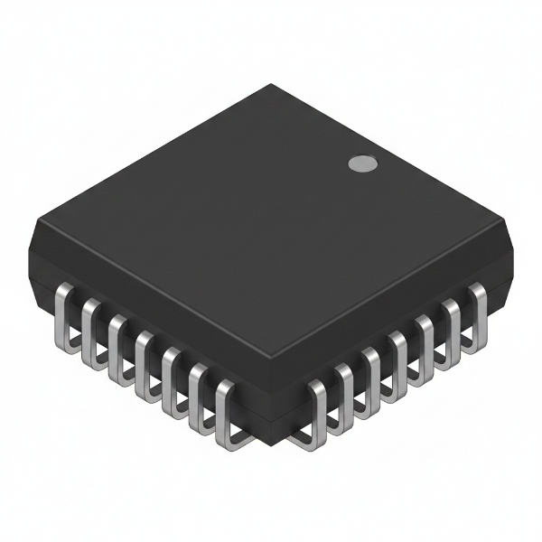 A black square electronic integrated circuit chip with multiple silver metal leads, shown on a plain white background.