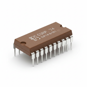 Brown integrated circuit with metallic pins on a white background