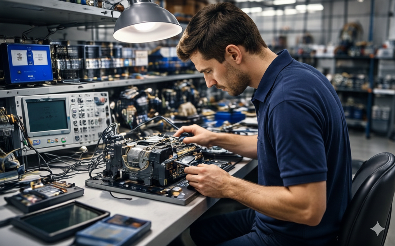 Man working on electronic components in a workshop setting