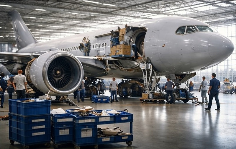 Airplane being worked on in a hangar with maintenance personnel around