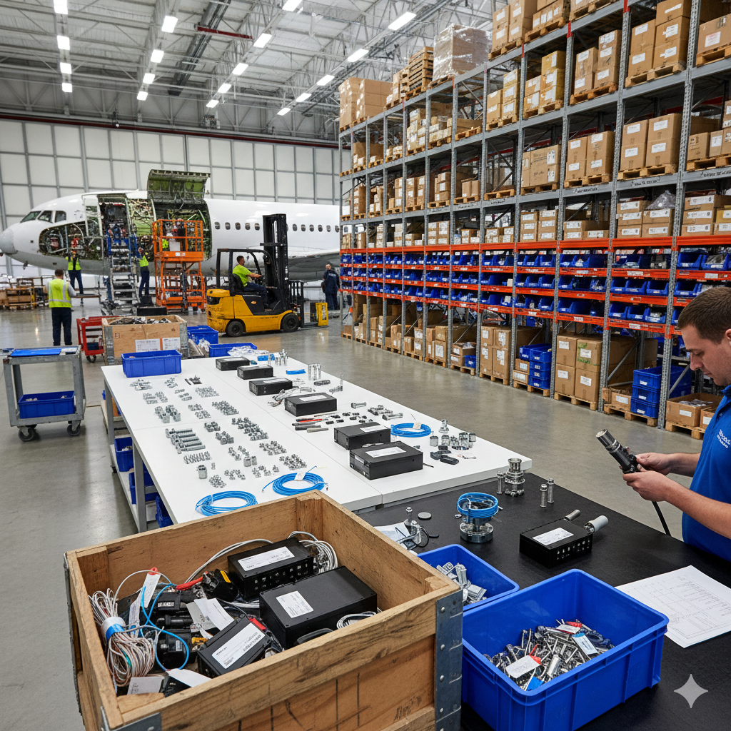 Warehouse with equipment and workers, large airplane in the background