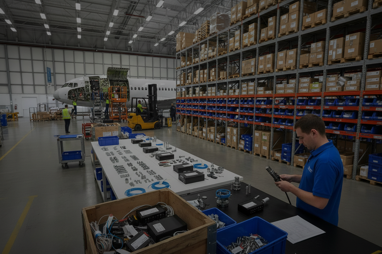Warehouse with equipment and workers, large airplane in the background